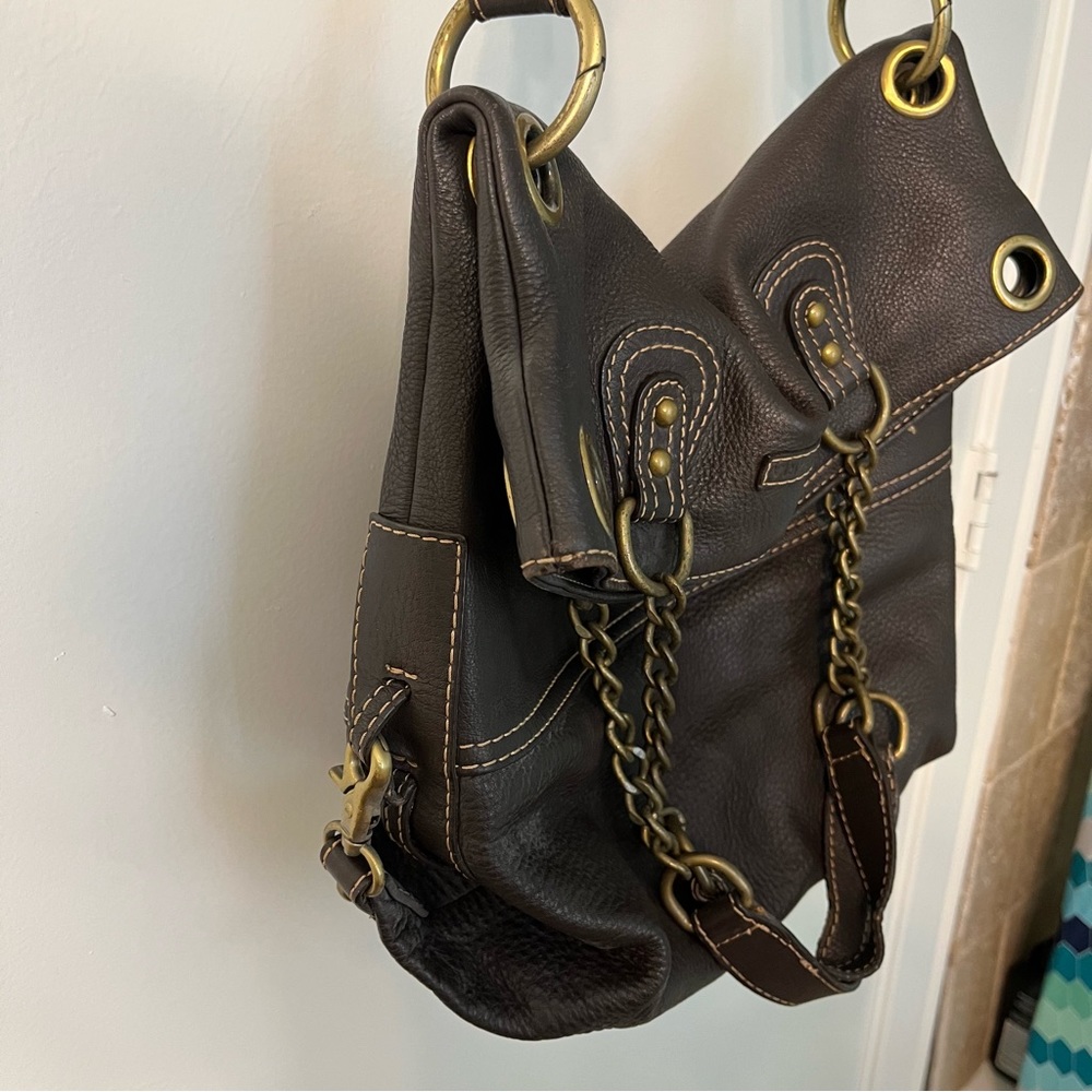 BCBGMAXAZRIA hobo brown leather bag purse satchel 2 ways to wear w/metal accents - Picture 4 of 12
